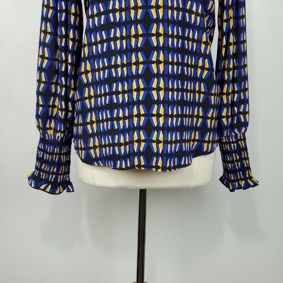 Rachel Zoe Contemporary Fit Geometric Print Ruffle Neck Top With Shirred Cuff M - Picture 3 of 11